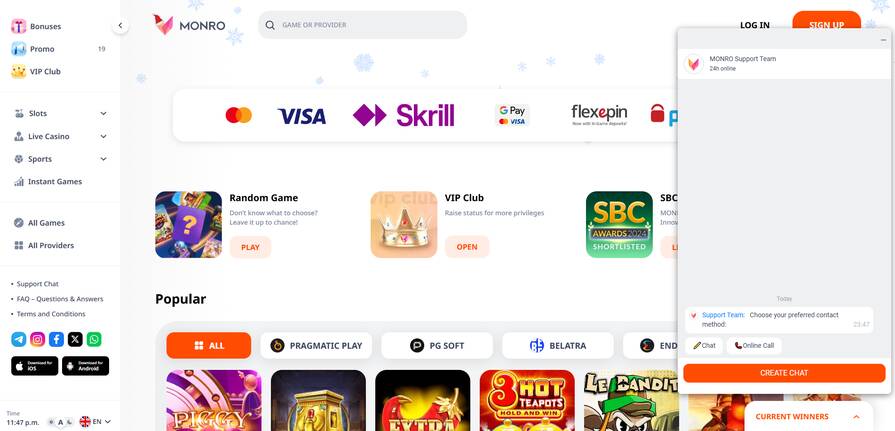 Онлайн казино Monro поддержка