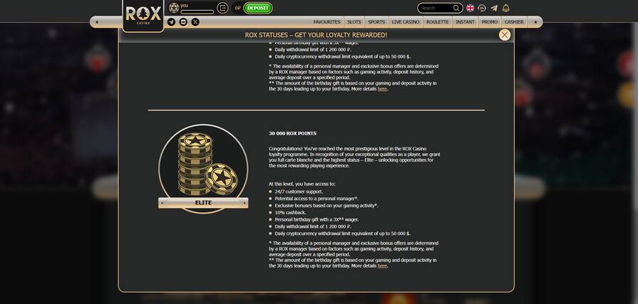 Онлайн казино Rox уровень Elite