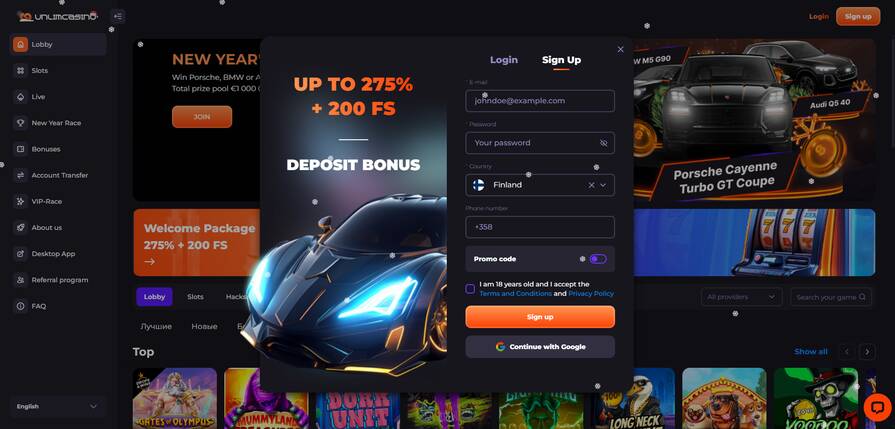 Онлайн казино Unlim регистрация