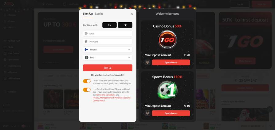 1Go – регистрация на сайте