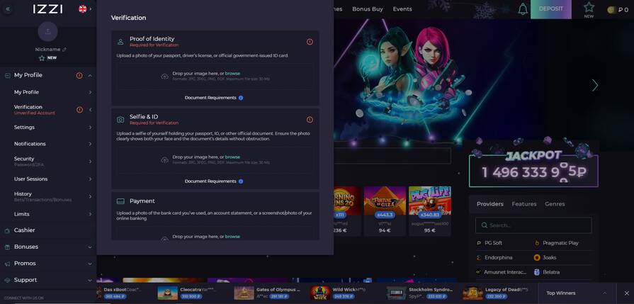 Онлайн казино Izzi верификация