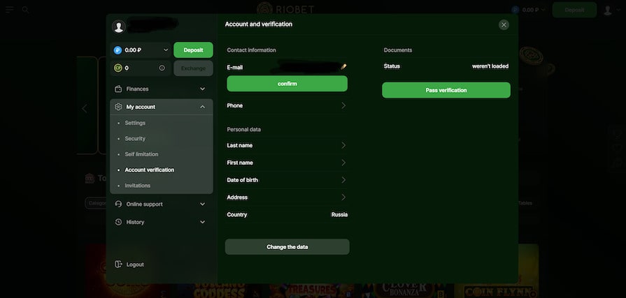 Верификация в казино Riobet