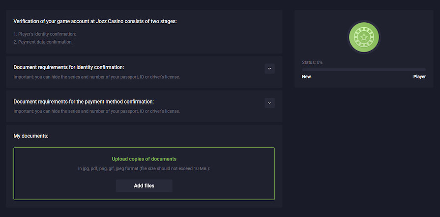 Верификация в казино Jozz