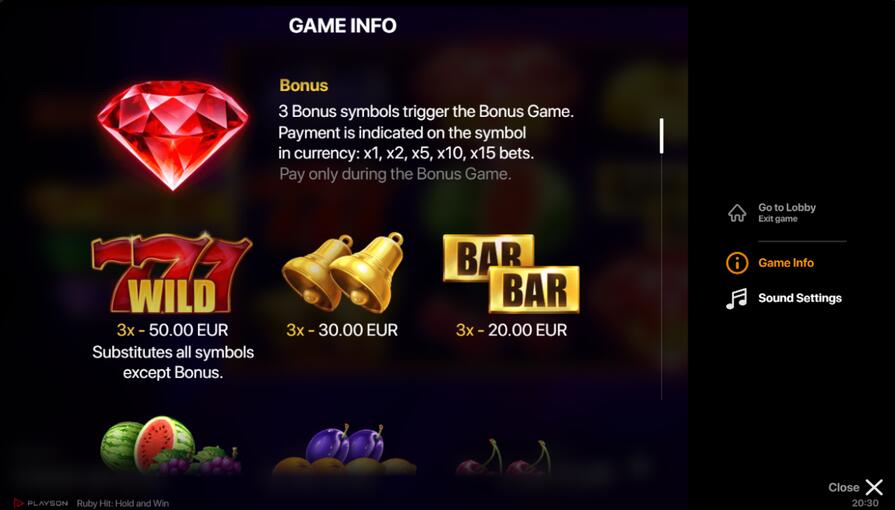 Ruby Hit: Hold and Win символы и выплаты